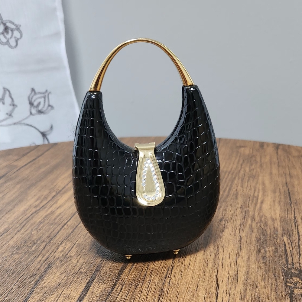 Sophy Crocodile Black Mini Footed Rhinestone Clutch Crossbody Chain Purse